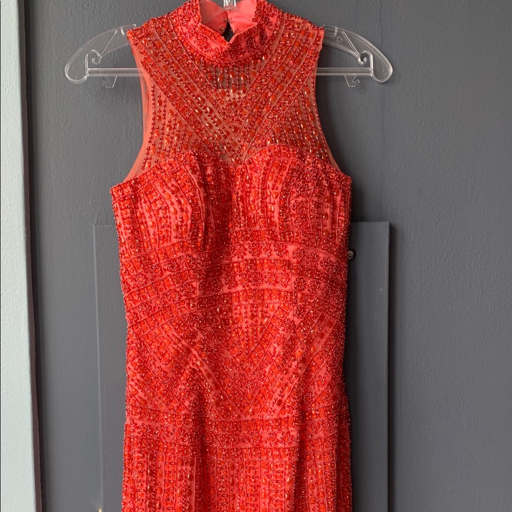 Fiery Coral Beaded Cocktail Dress